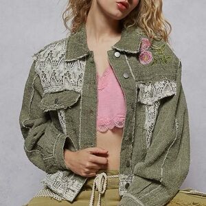 281 - POL Olive Green Jean Jacket with Lace and Embroidery